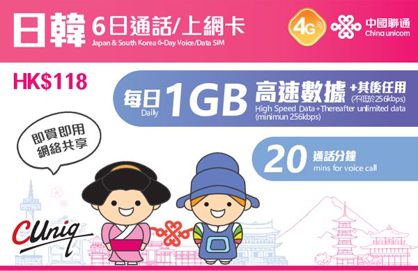 中國聯通日本6日上網卡