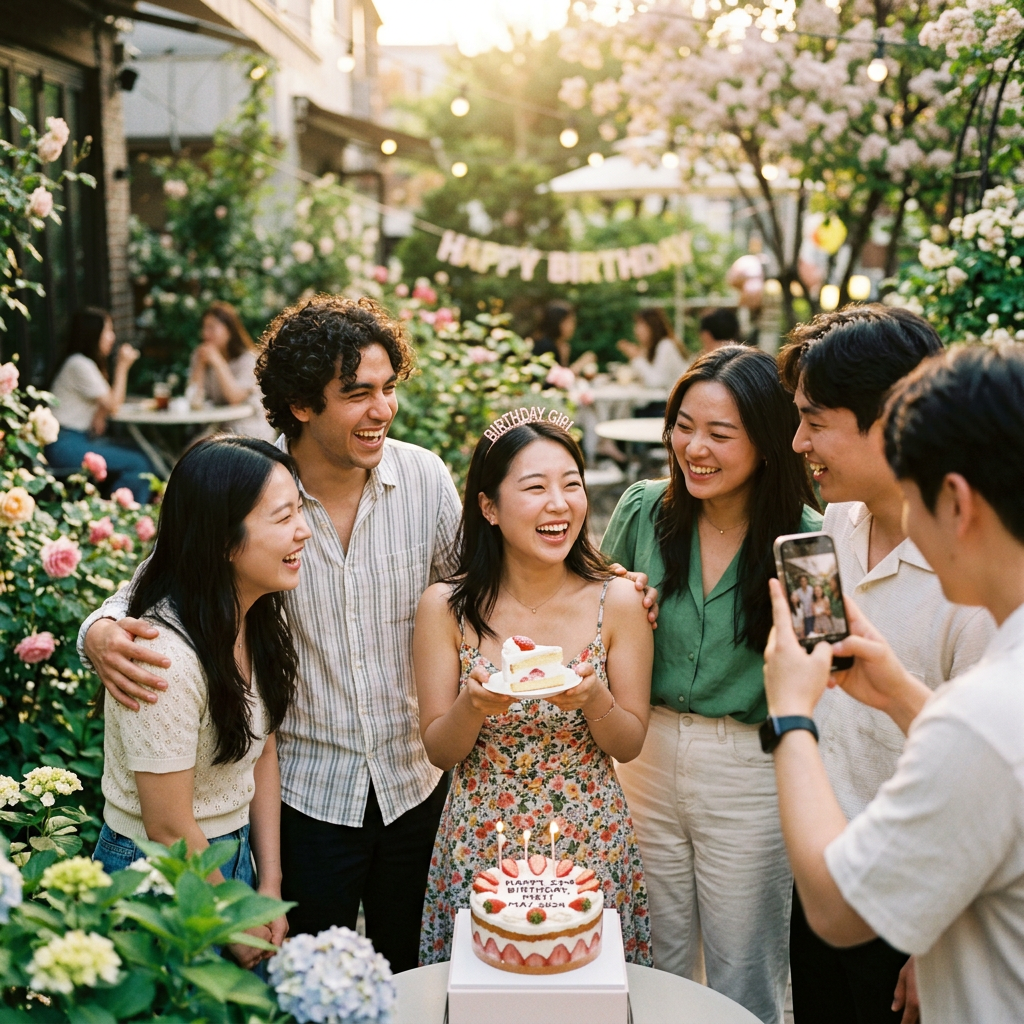 Group of friends celebrating a birthday outdoors with cake and smiles