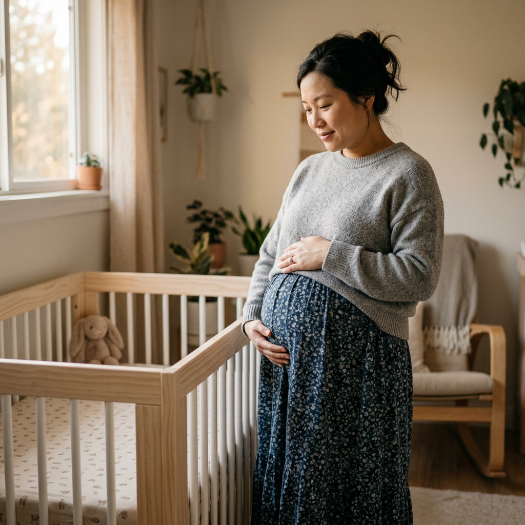 Pregnant woman standing next to a wooden crib in a softly lit room.