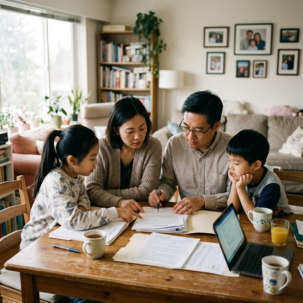 Family of four sitting at a table looking over documents with a laptop and drinks