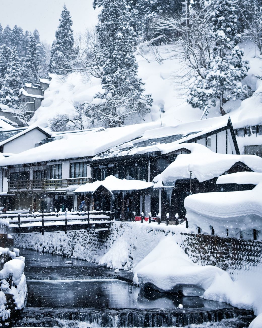 wooden hut covered with snow by the river
